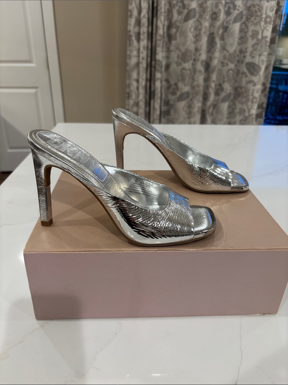 Dkny Silver Metallic Peep-Toe High Heel Mules